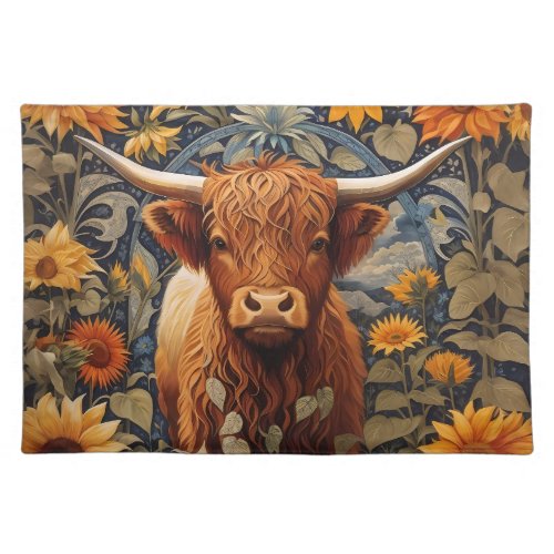 Rustic Countryside Highland Cow Sunflowers Cloth Placemat