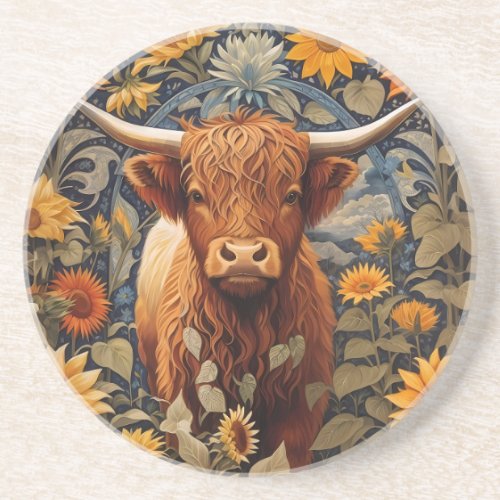 Rustic Countryside Highland Cow Sunflowers Coaster