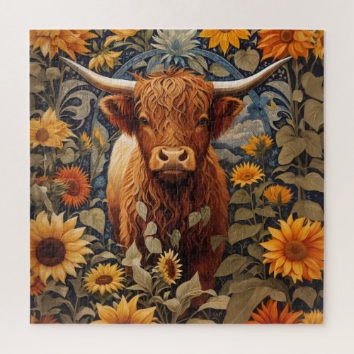 Rustic Countryside Highland Cow Sunflowers Jigsaw Puzzle