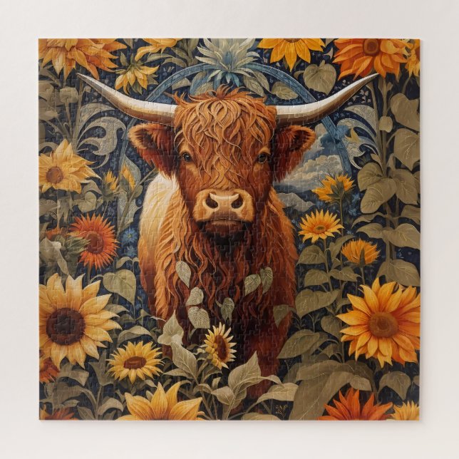 Rustic Countryside Highland Cow Sunflowers Jigsaw Puzzle (Vertical)