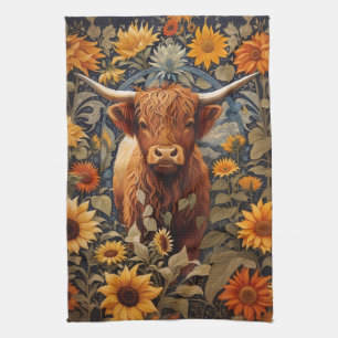 Rustic Countryside Highland Cow Sunflowers Kitchen Towel