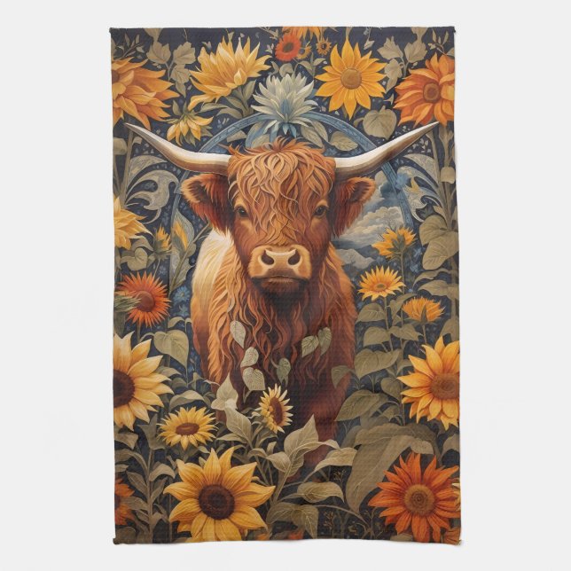 Rustic Countryside Highland Cow Sunflowers Kitchen Towel (Vertical)