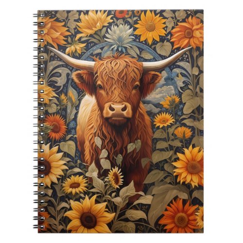 Rustic Countryside Highland Cow Sunflowers Notebook