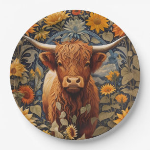 Rustic Countryside Highland Cow Sunflowers Paper Plates