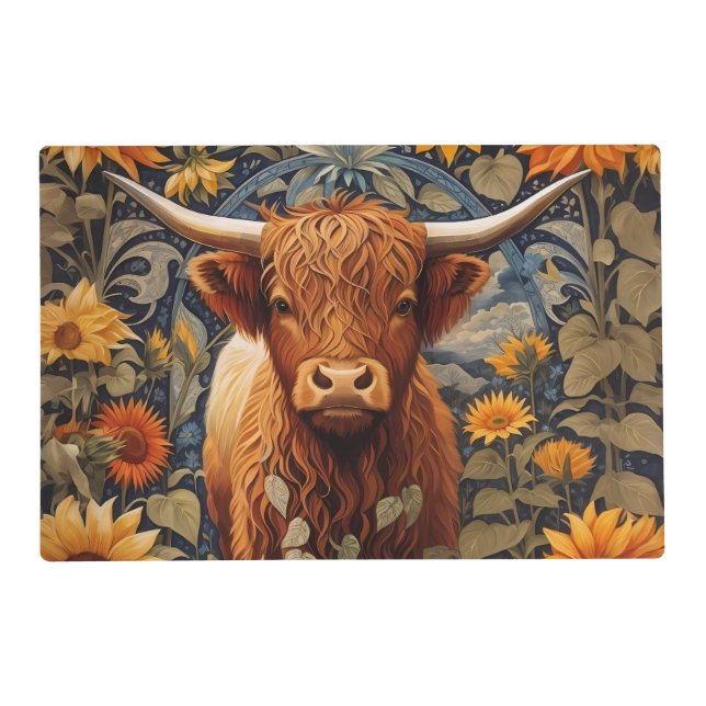 Rustic Countryside Highland Cow Sunflowers Placemat (Front)
