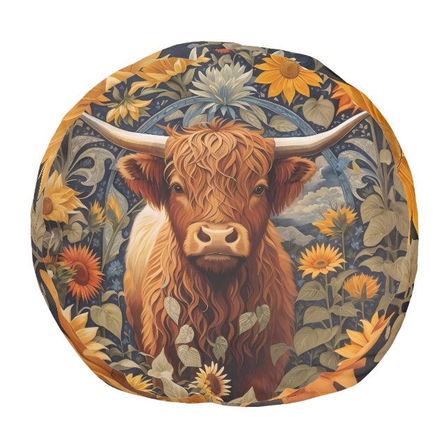 Rustic Countryside Highland Cow Sunflowers Pouf (Bottom)