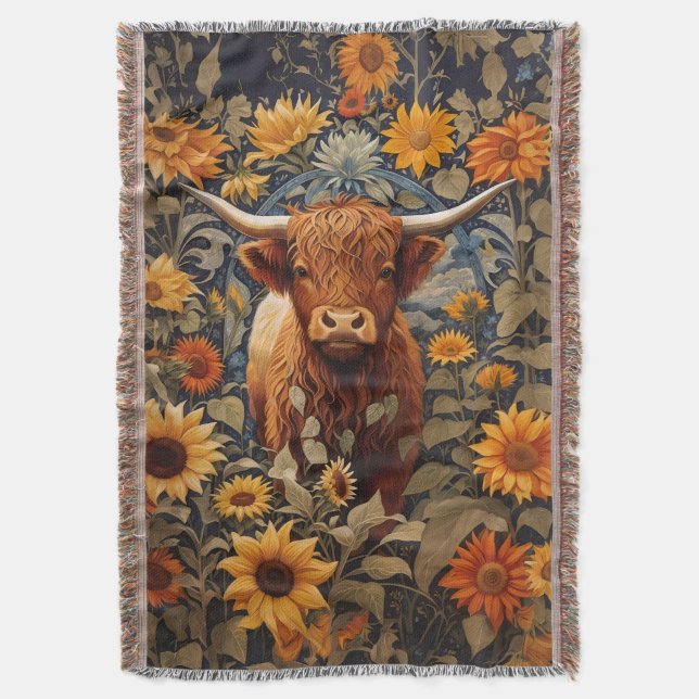 Rustic Countryside Highland Cow Sunflowers Throw Blanket (Front Vertical)