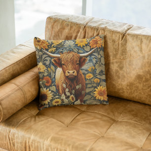 Rustic Countryside Highland Cow Sunflowers Throw Pillow