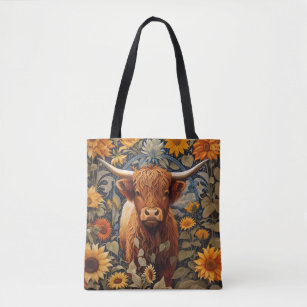 Rustic Countryside Highland Cow Sunflowers Tote Bag