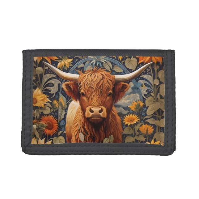 Rustic Countryside Highland Cow Sunflowers Trifold Wallet (Front)