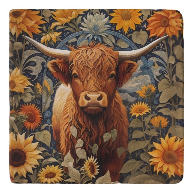 Rustic Countryside Highland Cow Sunflowers Trivet (Front)
