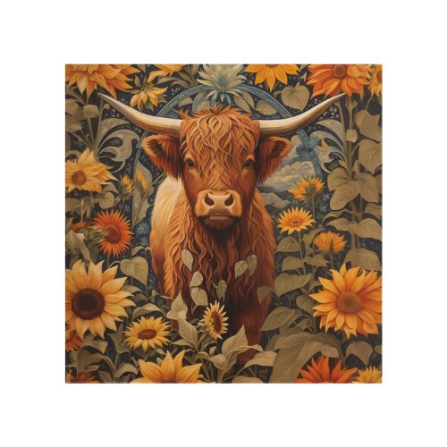 Rustic Countryside Highland Cow Sunflowers Wood Wall Art