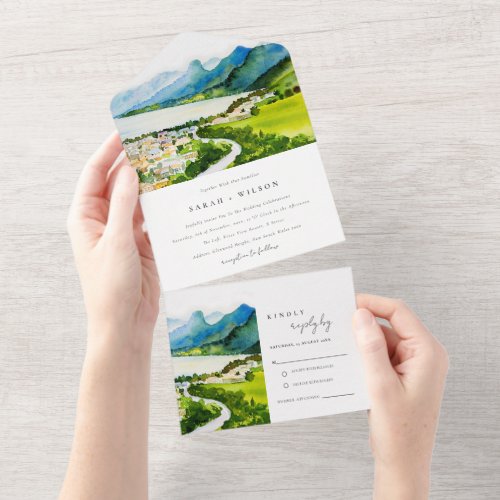 Rustic Countryside Lake Village Landscape Wedding All In One Invitation