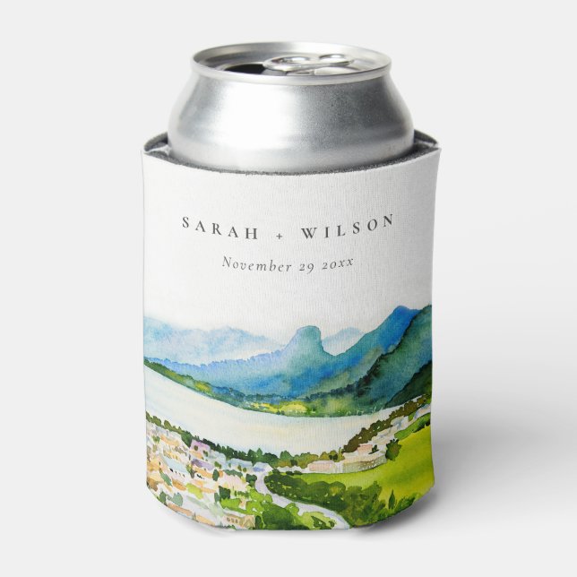 Rustic Countryside Lake Village Landscape Wedding Can Cooler (Can Front)