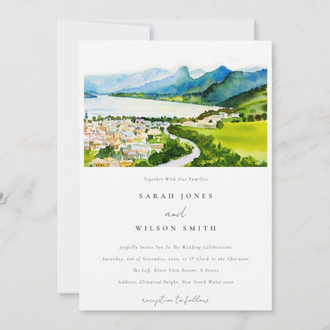 Rustic Countryside Lake Village Landscape Wedding Invitation (Front)