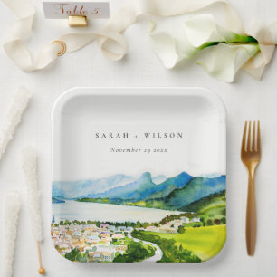 Rustic Countryside Lake Village Landscape Wedding Paper Plates