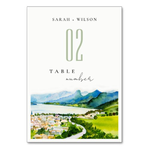 Rustic Countryside Lake Village Landscape Wedding Table Number