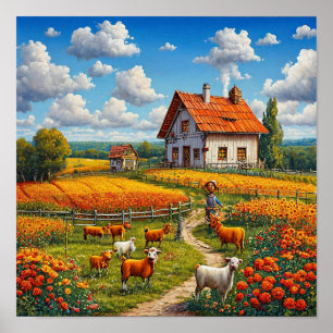 Rustic Countryside Nature Cute Farm Village Poster