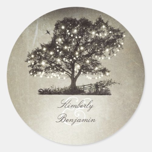 Rustic Countryside Tree and Lights Wedding Classic Round Sticker