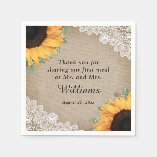 Rustic County Burlap and Lace Sunflower Wedding Napkins