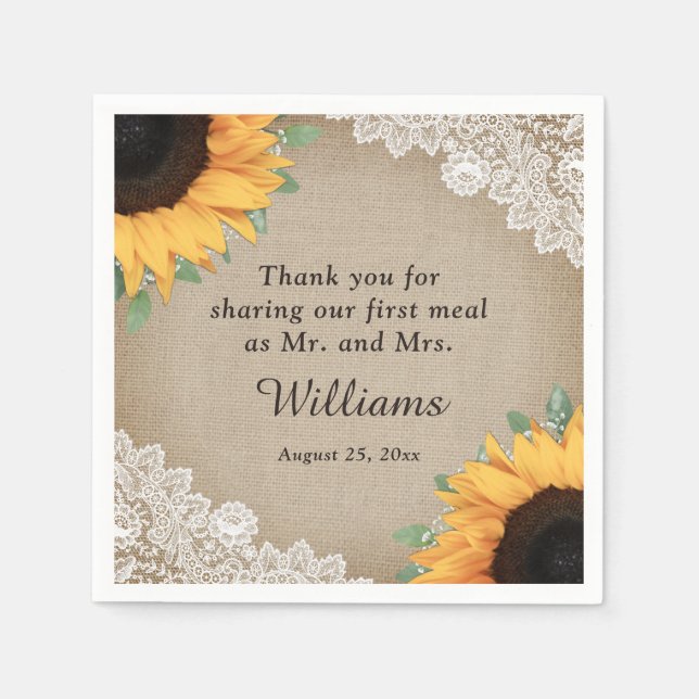 Rustic County Burlap and Lace Sunflower Wedding Napkins (Front)
