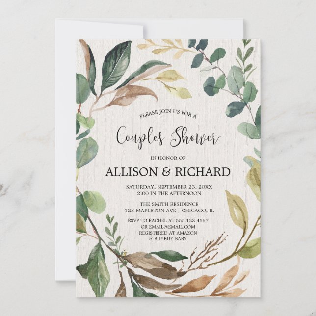 Rustic couples baby shower gender neutral greenery invitation (Front)