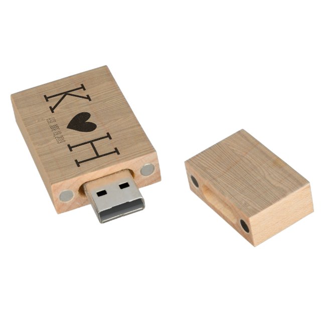 Rustic Couple's Initials Wedding Date Personalized Wood Flash Drive (Angled)