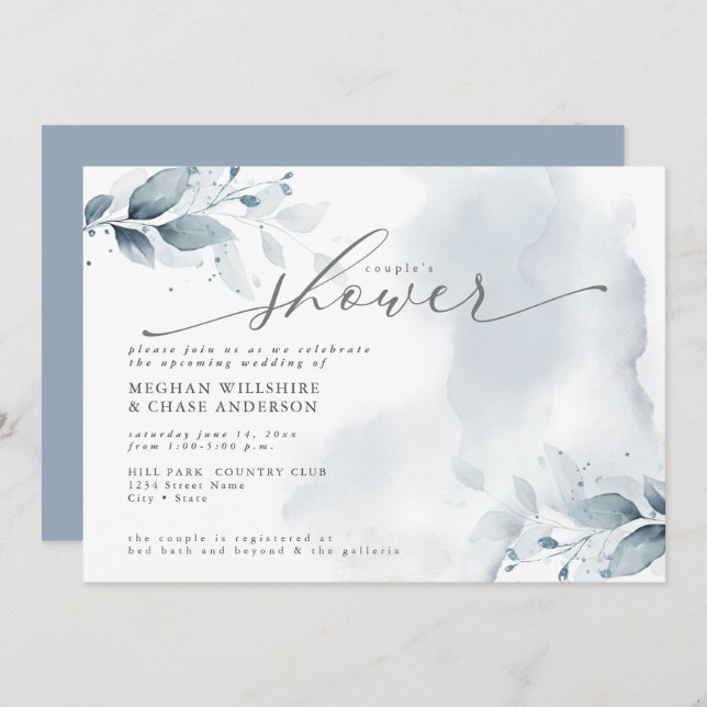 Rustic Couple's Shower Dusty Blue Foliage Invitat Invitation (Front/Back)