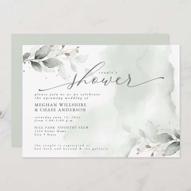 Rustic Couple's Shower Dusty Green Foliage Invitat Invitation (Front/Back)