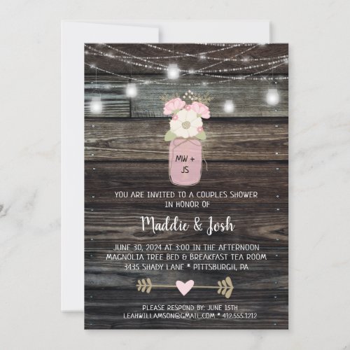 Rustic Couples Shower Mason Jar Lights Boho Floral Invitation