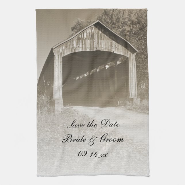 Rustic Covered Bridge Wedding Save the Date Towel (Vertical)