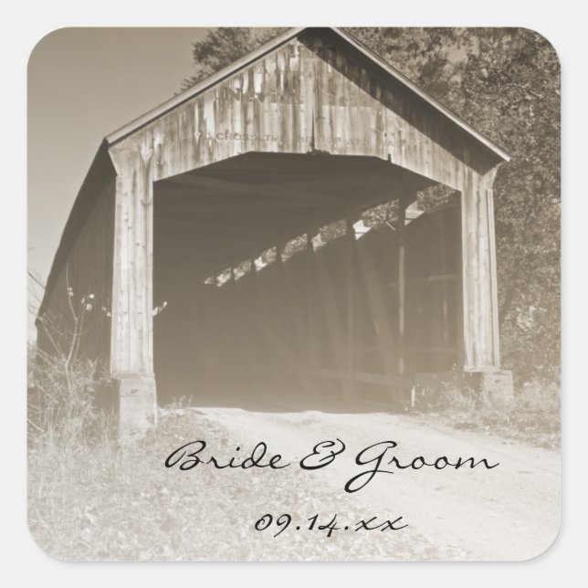 Rustic Covered Bridge Wedding Square Sticker (Front)