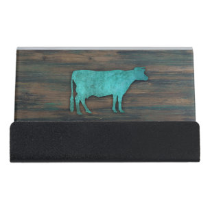 Rustic Cow 4 Desk Business Card Holder
