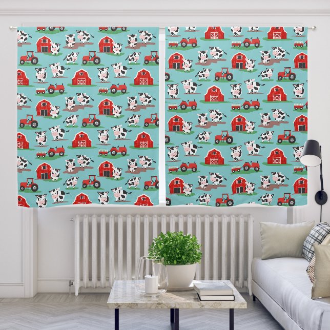 Rustic Cow Farm Red and Blue Kids Nursery Blackout Curtains (Living Room)