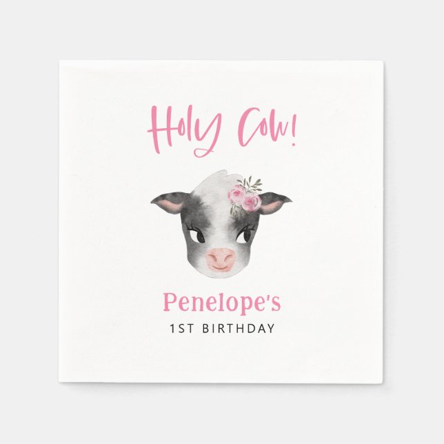Rustic Cow Pink Birthday Party Napkins (Front)