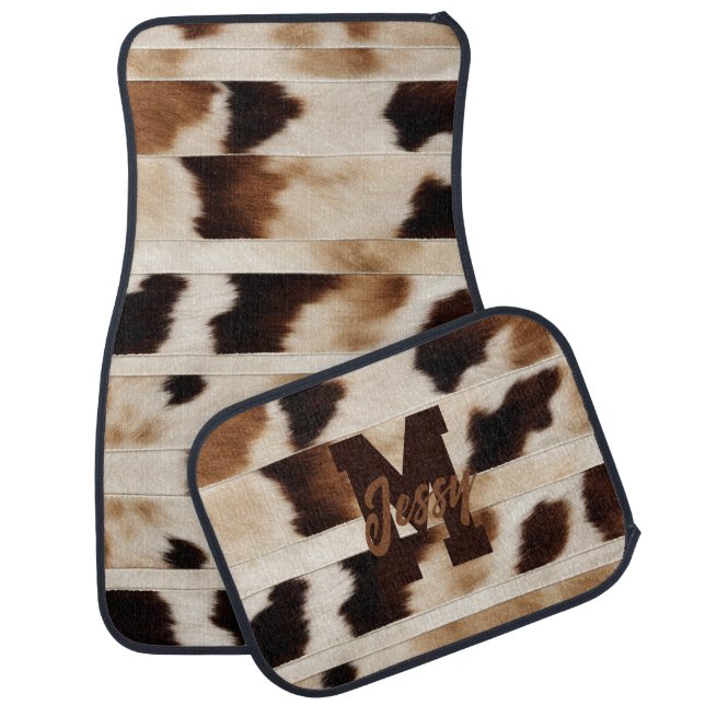 Rustic Cow Print Cowboy Western Country Monogram Car Floor Mat (Set)