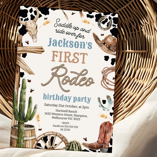 Rustic Cow_print Western First Rodeo 1st Birthday Invitation