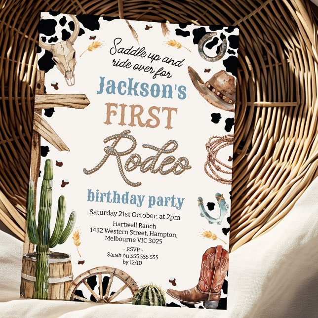 Rustic Cow-print Western First Rodeo 1st Birthday Invitation (Editable Boys 1st Rodeo Birthday Party Cowboy Birthday Party Invitation Wild West Cowboy )