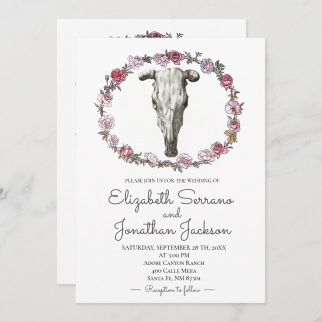 Rustic Cow Skull And Roses Floral Wedding Invitation (Front/Back)