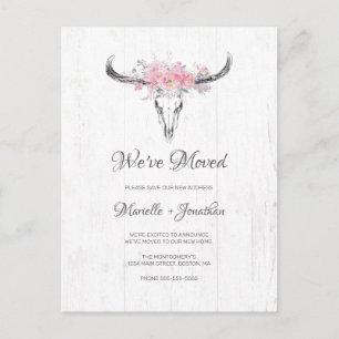 Rustic Cow Skull Blush Floral Boho Moving Announcement Postcard