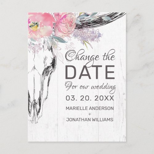 Rustic Cow Skull Blush Pink Floral Change the Date Announcement Postcard