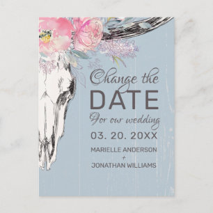 Rustic Cow Skull Blush Pink Floral Change the Date Announcement Postcard