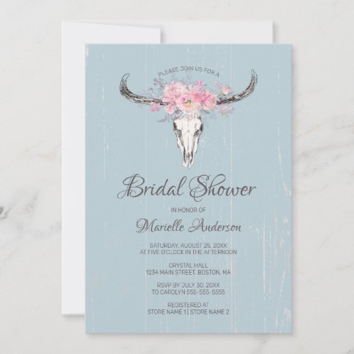Rustic Cow Skull Boho Blush Floral B Bridal Shower Invitation