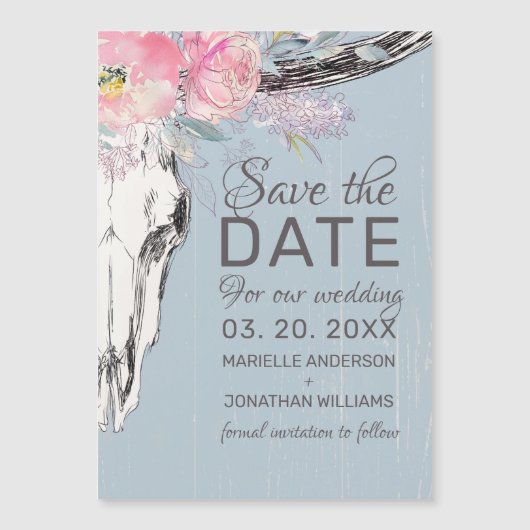 Rustic Cow Skull Boho Blush Floral B Save the Date (Front)