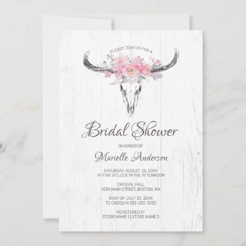 Rustic Cow Skull Boho Blush Floral Bridal Shower Invitation