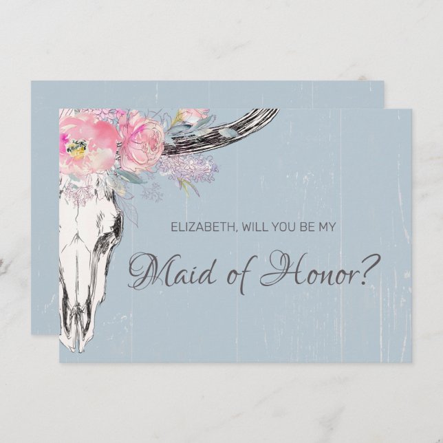 Rustic Cow Skull Boho Blush Floral Maid of Honor Invitation (Front/Back)