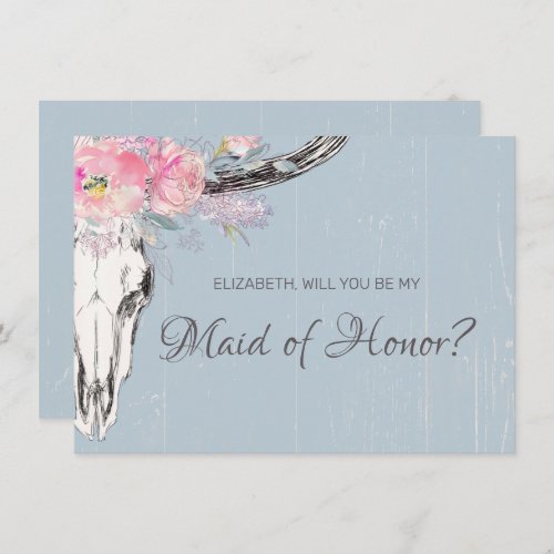 Rustic Cow Skull Boho Blush Floral Maid of Honor Invitation