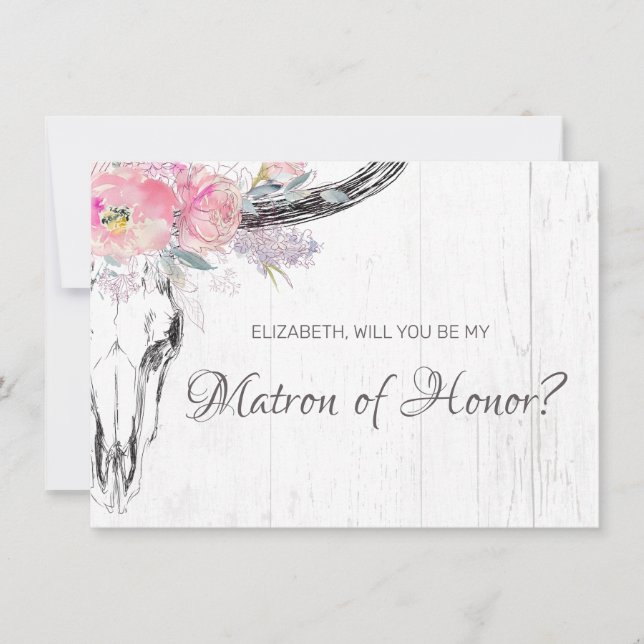 Rustic Cow Skull Boho Blush Floral Matron of Honor Invitation (Front)