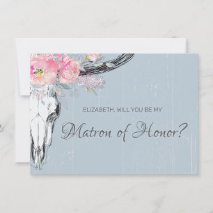 Rustic Cow Skull Boho Blush Floral Matron of Honor Invitation