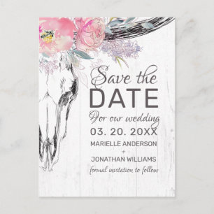 Rustic Cow Skull Boho Blush Floral Save the Date Announcement Postcard